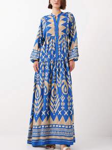 女式纯色流苏系带灯笼袖荷叶边下摆优雅连衣裙 - 水鴨藍 - 查看 2