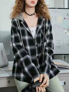 Vintage Hooded Loose Casual Slouchy Plaid Shacket, Versatile For Women, Spring/Autumn