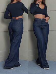 Women's Wide Leg Jeans, High Waist, High Waist, Enhances Butt, Size 36 To 46 - Màu xanh đậm - Xem 2