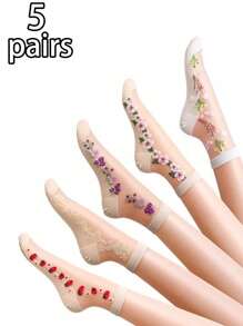 5 Pairs Women Thin Floral Print Mid-Calf Socks, Soft, Breathable, Non-Slip, Suitable For Daily Wear, Summer/Fall