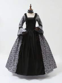 New Vintage Palace Style Printed Long Dress, Victorian Costume Performance Dress Halloween Costumes
