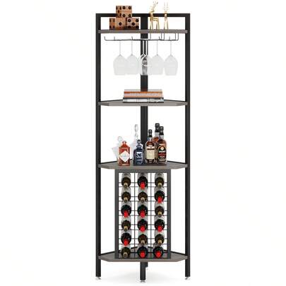 Tribesigns コーナーワインバーキャビネット 4段コーナーバー コーナーワインラック ガラスホルダーと収納棚付きコーナーワインシェルフ グレー W40×D40×H160cm