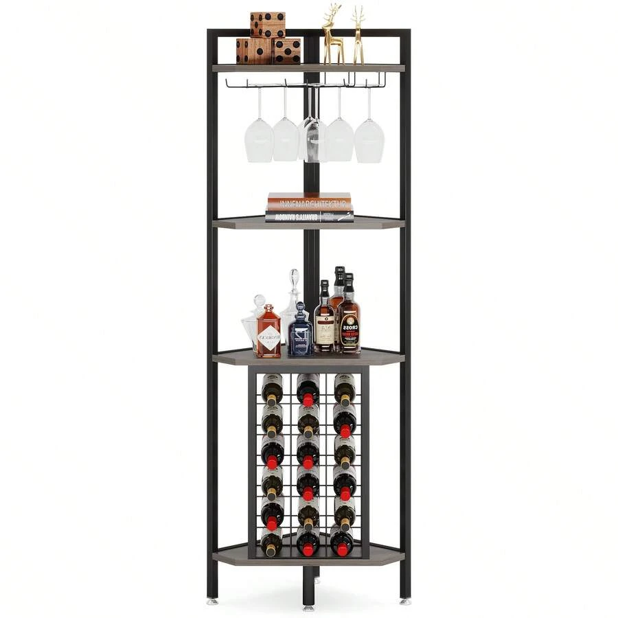 Tribesigns コーナーワインバーキャビネット 4段コーナーバー コーナーワインラック ガラスホルダーと収納棚付きコーナーワインシェルフ グレー W40×D40×H160cm - グレー - チェックする 1