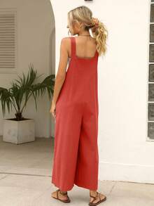 Women's Linen Jumpsuit - Summer Sleeveless Bib Overalls With Pockets, Baggy Wide Leg Romper Casual Boho Beach Jumpsuit For Vacation - 紅色 - 查看 2