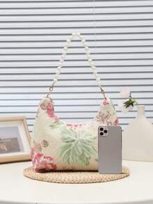 1 件亮片网格拼布手提包、时尚串珠刺绣花卉图案单肩包、大容量女士手提包、休闲海滩风格购物袋、时尚优雅女士手提包、PVC 串珠拼色叶子图案腋下包、时尚派对夜总会包、迷人波西米亚风格包、时尚法棍包 - 米色 - 查看 4