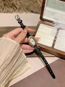 1件女士椭圆形罗马数字休闲优雅石英腕表，适合日常佩戴 - 黑色 - 查看 4