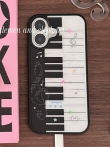 1件可愛音樂符號鋼琴黑框手機殼，適用於 iPhone 16 15 14 13 12 11 Pro Max Plus，軟 TPU 背蓋 - 黑與白 - 查看 3