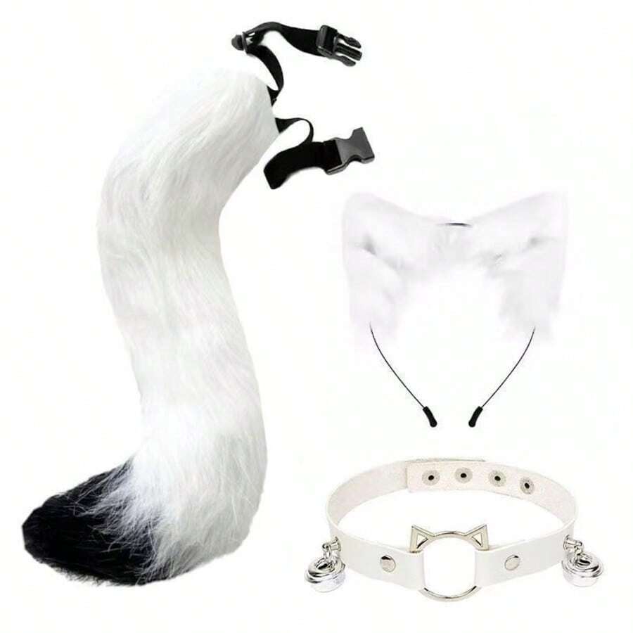 White - Animal Claw Paw Gloves With Cat Ears & Tail, Cute Plush Costume Props, Suitable For Cosplay, Halloween