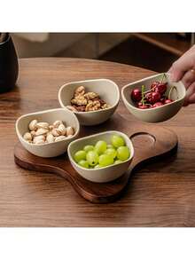 2/3/4 Compartment Rustic Ceramic Fruit Plate With Rosewood Tray, Snack Nut Serving Platter, Cake Slice & Fruit Display Plate, Suitable For Home, Restaurant, Birthday, Party - Stoneware+Brown - View 4