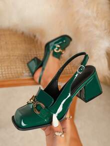 2025年秋冬大码女款玛丽珍高跟鞋，粗跟，方头，苔绿色，正式工作正装鞋，性感粗跟，派对高跟鞋，小/大码，优雅 - 墨綠色 - 查看 1