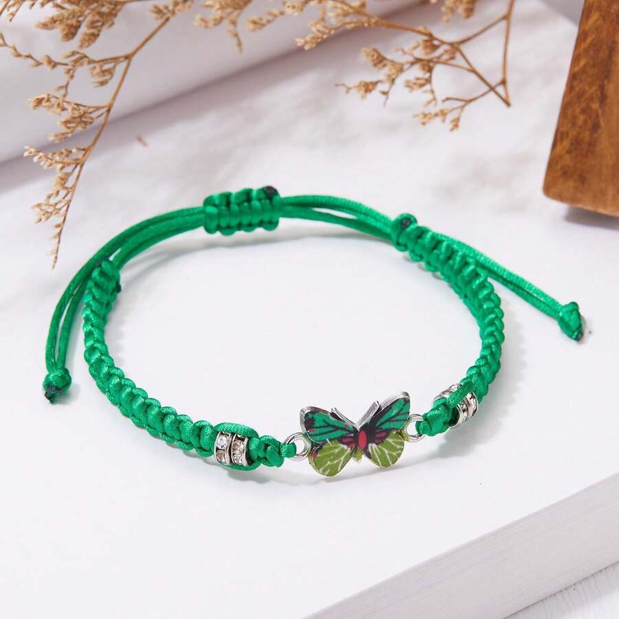 1Pc Butterfly Hand Woven Bracelet, Couple Friendship Bracelet, Gift Party - Green - View 1