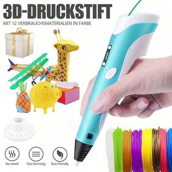 1-teiliges blaues 3D-Druckstift-Set, 3D-Stereo-Druckstift mit LED-Anzeige, wird mit 12 x 3 m Material geliefert, einfach zu bedienen und zu verwenden, für den täglichen Gebrauch geeignet.
