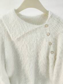 Oblique Button Faux Mink Fur Collar Women's Pullover Sweater, Autumn/Winter Sweater, Back To School Season, Christmas