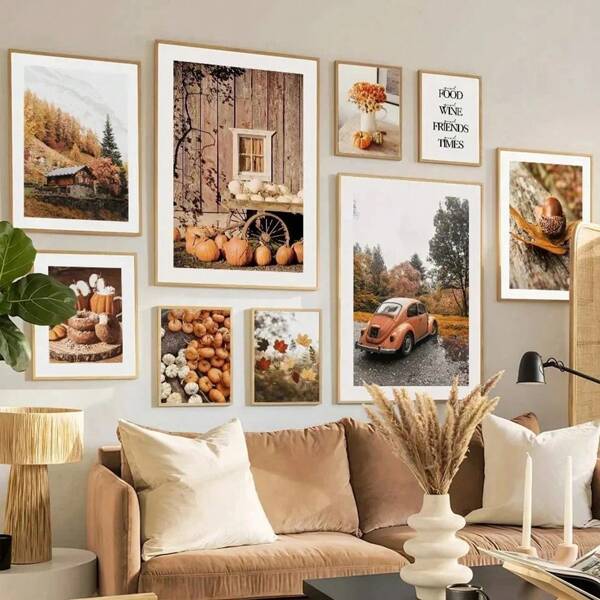1pc/3PCS Mural Poster Optional Frame Autumn Fall Autumn Squash Maple Leaf Vintage Car Wall Art Canvas Painting Nordic Posters And Prints Wall Picture Living Room Decor Fall Gift