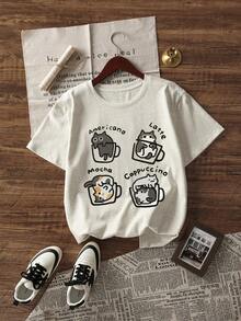 全新夏季女式独特设计字母和小猫图案印花圆领休闲百搭短袖 T 恤