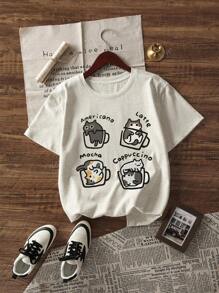 全新夏季女式独特设计字母和小猫图案印花圆领休闲百搭短袖 T 恤