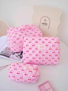 1 件/套 红色樱桃印花绗缝化妆包，时尚可爱多功能便携大容量拉链化妆包，化妆包，小型化妆包，化妆盒，可爱化妆包，化妆包，卫生巾包，情人节礼物，有线耳机，旅行化妆包，护肤化妆品和美容包，护士化妆包，节日礼物，返校礼物 - 粉色 - 查看 15