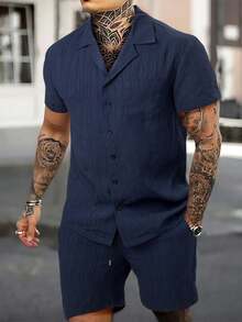 Simple And Elegant Men's Suit With Short-Sleeved Shirt, Short-Sleeved Shirt + Shorts, Fashionable Summer Men's Suit With Lapel, Suitable For Beach Vacations And Leisure At Home. - 藏蓝色 - 查看 1