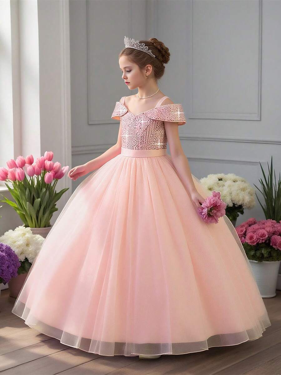 Tween Girl Long Sequin Mesh Off-Shoulder Elegant Glamorous Party Dress, Suitable For Birthday Dinner, Without Headband - Pink - View 1
