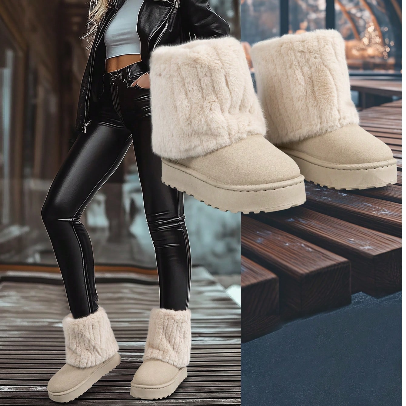 Nuevos botines de invierno de moda, botas de nieve para mujer de talla grande con cuello esponjoso, suela gruesa y plataforma, forro térmico, casual
