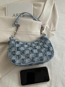 装饰性搭扣细节、缝线、链条肩带单肩包，女士装饰性搭扣单肩包，街头时尚流浪包，中小号斜挎包和钱包套装，适合购物、约会、作为女士礼物，也适合青少年、大学生、工作、商务、通勤等场合。 - 藍色 - 查看 5