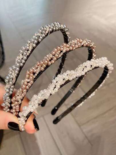 1 pieza Diadema gris simple de perla, accesorios para el cabello de alta gama con estilo francés retro, con cristales, diadema de temperamento de borde delgado, diadema trenzada