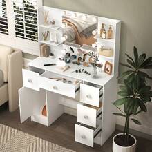Dressing TABLE 100cm Vanity Set With LED Mirror, Stool, Drawers And Crystal Handle, Shelves, Side Cabinet, Dressing Table Set With LED Illuminated Mirror For Bedroom – White Makeup TABLE Furniture - Weiss - Übersicht 6