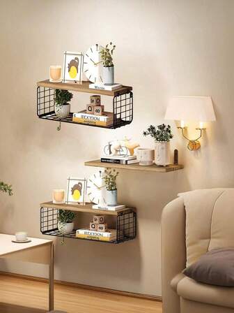1pc Floating Wall Shelf, Multi-Layer Storage Rack, Wrought Iron & Wood, Wall Mounted, Suitable For Home, Dorm, Bathroom, Room Decor & Organization