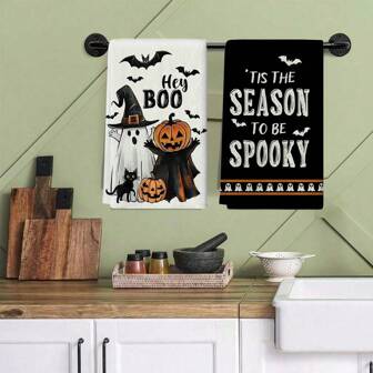 2pcs Halloween Themed Towels With Ghost, Pumpkin, And Black Cat Patterns Printed On Them, Machine Washable, Heat-Resistant, Absorbent, And Reusable. Suitable For Room Decoration, Kitchen And Bathroom Towels, Party Decoration, And Home Decoration, It Is An Ideal Gift For Halloween.