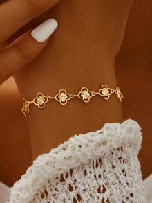 TONSI 1 件优雅奢华复古法国高端不锈钢 18K 镀金四叶草链式手链，适合假期、旅行、工作、日常佩戴、派对、聚会 - 女士珠宝，镂空四叶草项链和手链首饰套装，不褪色女士珠宝配饰