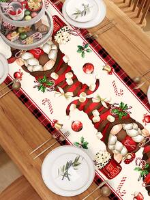 1 pieza 35*180cm/13.78*70.87 pulgadas Camino de mesa de poliéster con tema de gnomo de chocolate caliente, patrón de gnomo a cuadros rojos, cubierta de mesa de comedor navideña para fiesta festiva, decoración de mesa de cocina de Año Nuevo