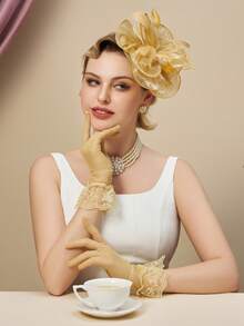 3Pcs Fascinators Hats And Lace Gloves Set For Women Tea Party Hat And Gloves Set For Cocktail, Wedding, Fancy Dress Party - 香檳色 - 查看 4