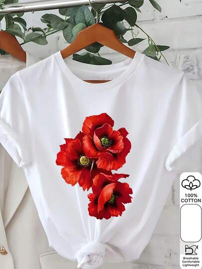 Camiseta feminina estampada - Estampa de papoulas vermelhas em fundo turquesa, blusa casual de manga curta e gola redonda, camiseta respirável para primavera/verão, lavável à máquina, estilo feminino, tecido opaco.
