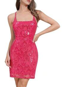Teen Homecoming Dress Sequins Bodycon Mini Spaghetti Strap Floral Glitter - Hot Pink - View 1