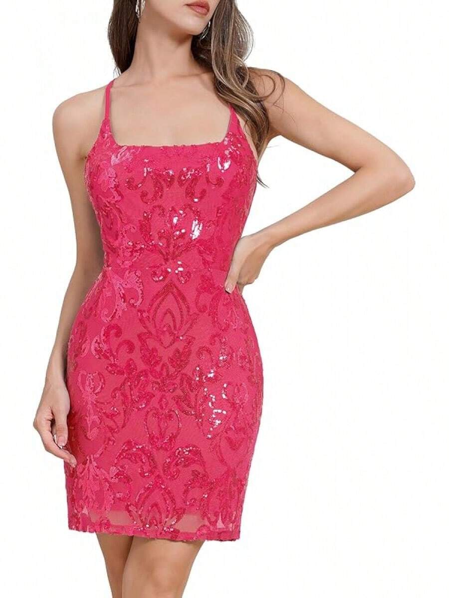 Teen Homecoming Dress Sequins Bodycon Mini Spaghetti Strap Floral Glitter - Hot Pink - View 1