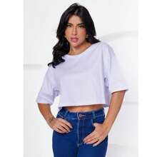 Women's Basic Cropped T-Shirt In Plain Cotton Knit - White - View 2