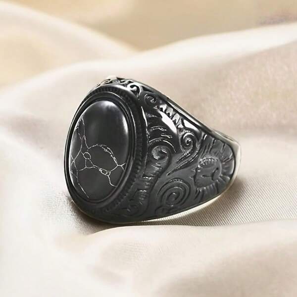 Bague vintage en acier inoxydable pour hommes avec imitation de pierre d'œil de tigre noir, bague de chevalier avec gravure de mode créative