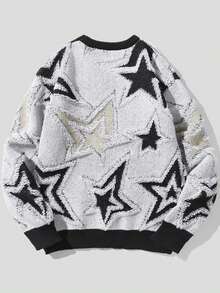1 件适合青少年男孩休息的时尚百搭星星图案套头衫，适合秋冬季、学院风格和运动。