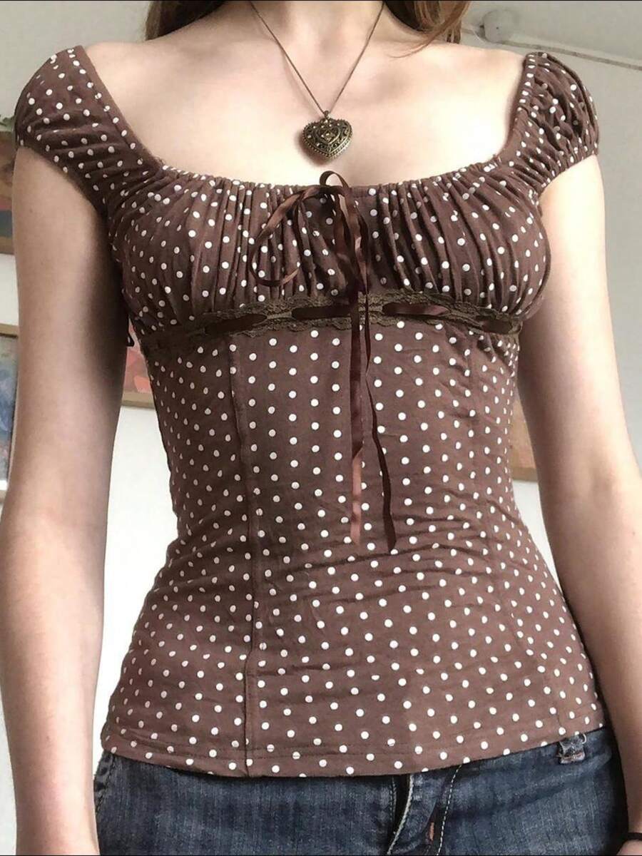 Women's Y2K Polka Dot Milkmaid Tops Cap Sleeve Square Neck Tie Front Ruched Bust Slim Fit Shirts Vintage Casual Going Out Tops Streetwear Coquette Aesthetic Clothes Summer Tee - 棕色 - 查看 1