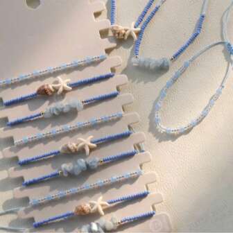 12pcs Fashionable Boho Style Ocean Blue Beaded Bracelet Set With Seashell, Starfish, Light Blue Natural Stone, Adjustable Size, Stylish Bracelets For Women, Suitable For Holiday, Party, Gift For Friends