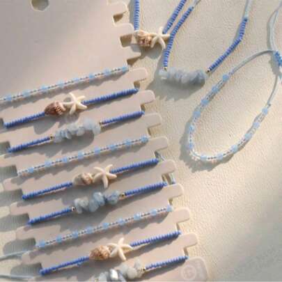 12pcs Fashionable Boho Style Ocean Blue Beaded Bracelet Set With Seashell, Starfish, Light Blue Natural Stone, Adjustable Size, Stylish Bracelets For Women, Suitable For Holiday, Party, Gift For Friends
