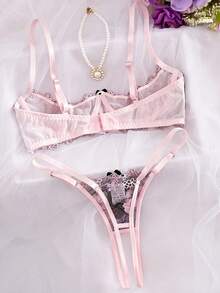 2pcs French Gentle And Sweet Floral Embroidery Mesh Splicing Open Cup Bra With Crotchless Panty Sexy Lingerie Set For All Seasons, Suitable For Couples' Vacation Dates, Honeymoon, Bachelor Parties, Private Parties, Role-Playing Wear, Giving Holiday Gift To Girlfriend - 粉色 - 查看 6