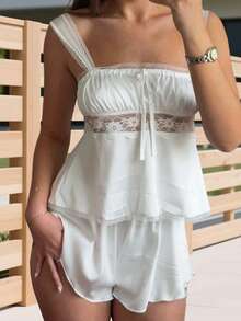 Women Cami Pajama Set, Lace Trim Square Neck Sleeveless Tops + Elastic Waist Mini Shorts 2 Piece Sleepwear Outfit - 白色 - 查看 3