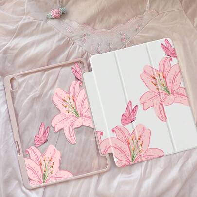 Elegant & Cute Cartoon Pink Flower & Butterfly Double-Sided Acrylic Transparent Crystal Back Cover, Shock-Resistant And Durable, Suitable For IPad 7th, 8th And 10th Generation (10.2 Inch). It Has A Built-In Pen Slot, Supports Sleep/Wake Function And Multiple Folding Stand Modes. An Ideal Gift For Holidays And New Year.