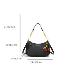 Túi đeo vai hình lưỡi liềm thời trang mới, cổ điển, đa năng, trang trí chữ cái, màu trơn, chất liệu vải PU chống thấm nước, có mặt dây chuyền hình quả anh đào, thích hợp để đi mua sắm, có thể đeo chéo. - màu đen - Xem 2