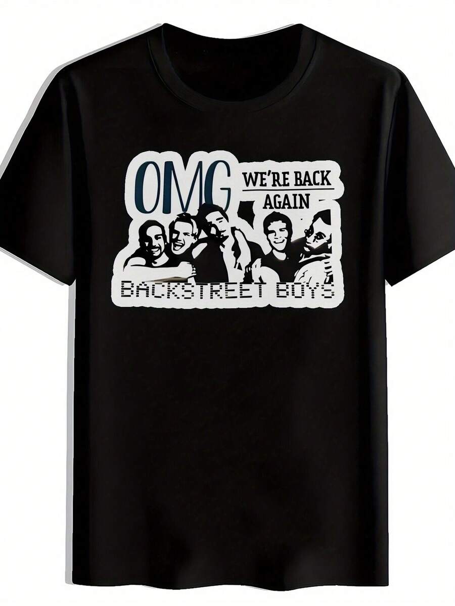 Men'S Black Backstreet Boys Graphic T-Shirt - Casual Summer Crew Neck Tee With Retro Rock Band Design, "OMG We're Back Again" Print, Lightweight Polyester, Everyday Tshirt|Retro Rock Design|Lightweight Tshirt - Black - View 1