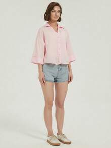 Pink Loose Casual Shirt, Elegant Office/Vacation Wear, Street Fashion & Beach Resort - Pink - View 9