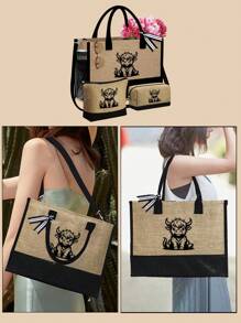 高地奶牛纹沙滩包套装 - 黑色和卡其色配套手提包 + 化妆包 | 大容量可调节肩包，包含方形钱包和帽子 | 多功能旅行收纳包，适合婚礼、度假和日常使用 | 送给女性、妈妈和伴娘的贴心礼物 | 返校必备和母亲节礼物 - 彩色 - 查看 2