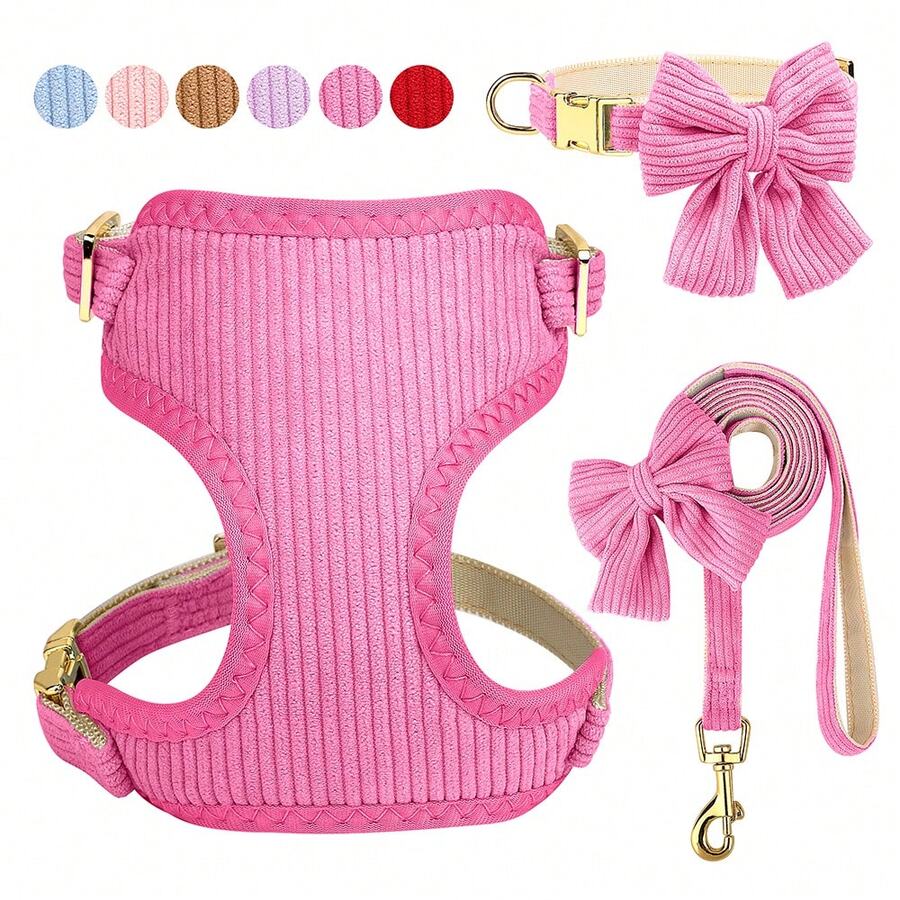 1 Set Velvet Bow Dog Collar & Leash Harness Set - Rose Red - View 1