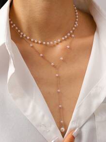 1-Piece Fashion Simple And Elegant Style Faux Pearl Y-Shaped Multi-Layer Necklace Set, Suitable For Ladies' Vacations, Parties, Dinners, Photography And Daily Matching